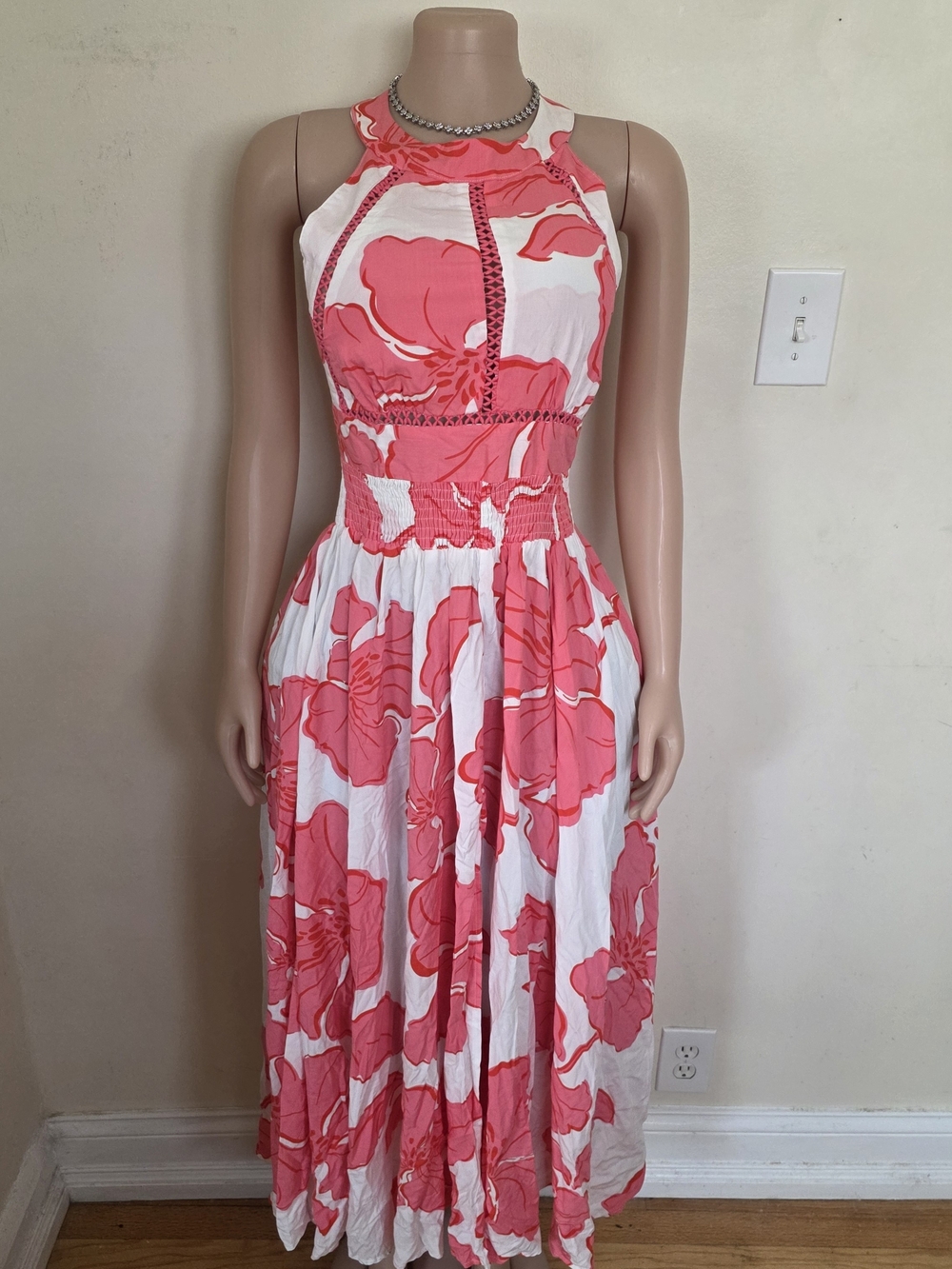 Smocked Halter Maxi Dress in Coral Pink and White